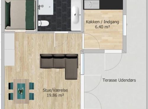 Lejlighed med eget bad, køkken og terasse