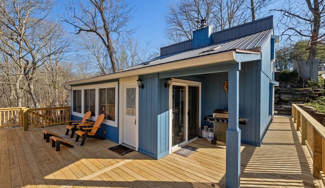 Little blue house on the lake