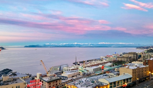 Luxe condo overlooking Elliott Bay & Olympic Mountains with pool, hot tub, gym