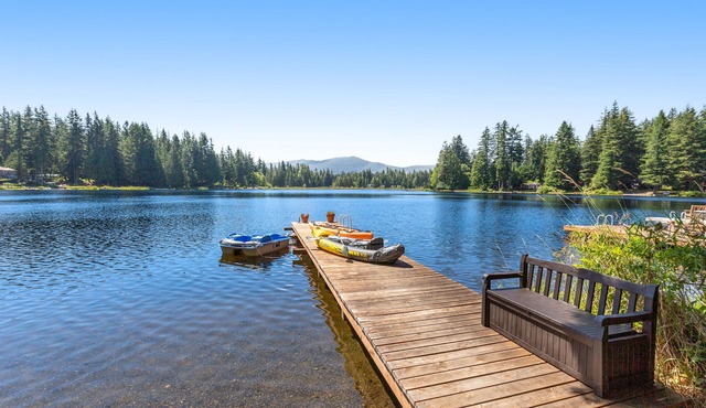 Luxe lakeside cottage with furnished porch, 2 docks, fire pit, deck, beachfront