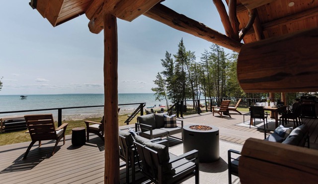 Luxury Lake Michigan Waterfront Log Cabin with Barrel Sauna & Breathtaking Views