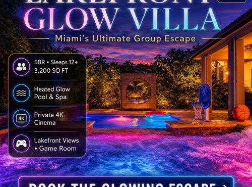 Luxury Miami Lakefront Glow Villa - 5BR - 4K Cinema - Heated Pool and Spa