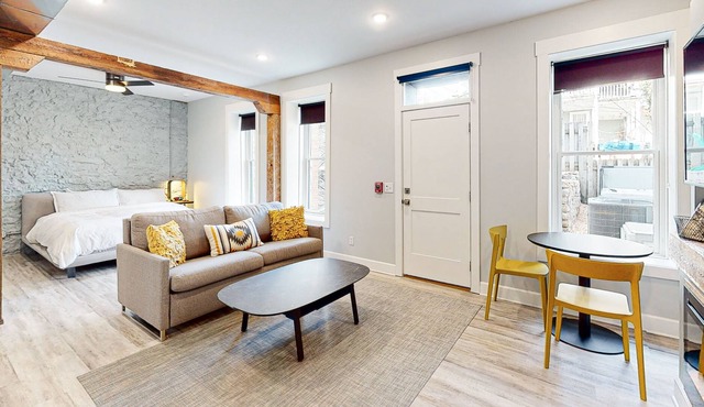 Luxury suites near downtown with hot tub, firepit, balcony, central AC & fireplace