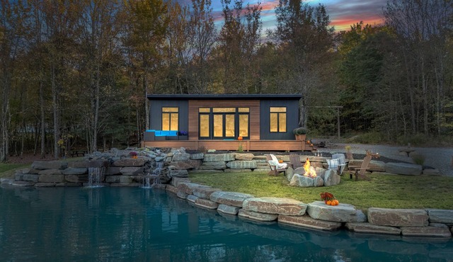 Luxury Tiny House Over a Waterfall on Private Tiny Lake Sleep to Waterfall Sound