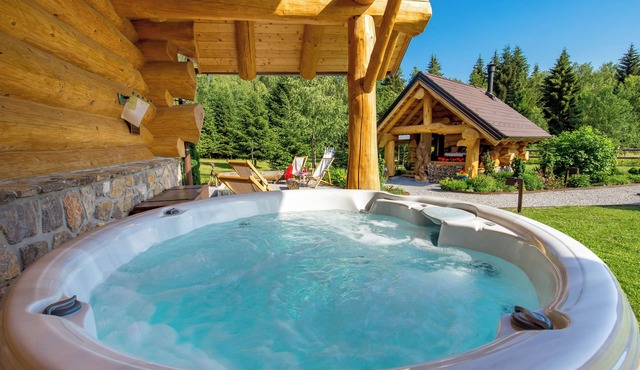Luxury wooden villa in the forest with jacuzzi, sauna and barbecue