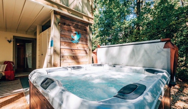 Magical wooded cottage pool +priv hottub walk2town