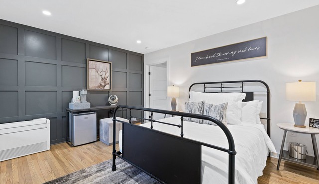 Main-floor mountain view suite with firepits, deck, & lounge