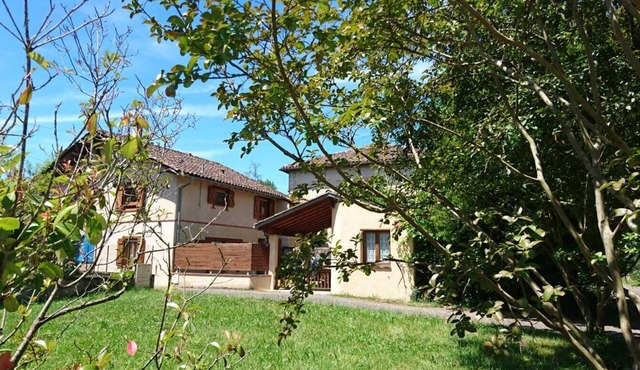 Maison colorée et chaleureuse avec terrasse et jardin.