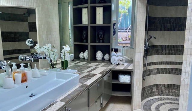 Master suite with a pool view