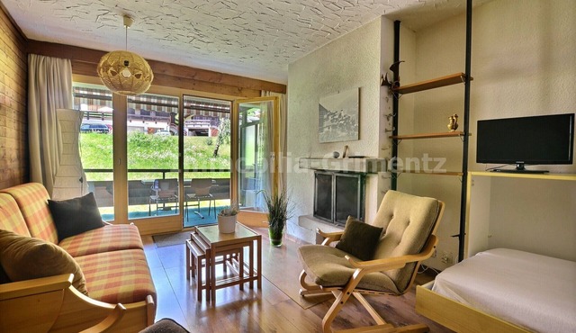 Middle class flat for 4 people, living room with fireplace, 1 bed and 1 divan bed, kitchen area, 1 s