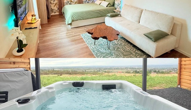 Modern accommodation with private spa, magnificent views, close to golf course and lake