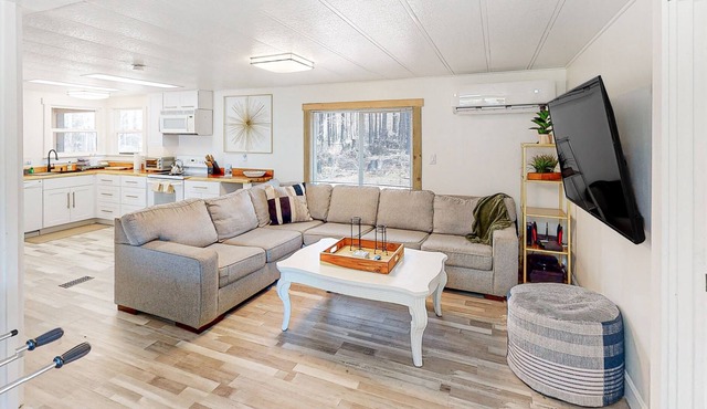 Modern dog-friendly cabin with private deck, foosball, grill, AC, & W/D