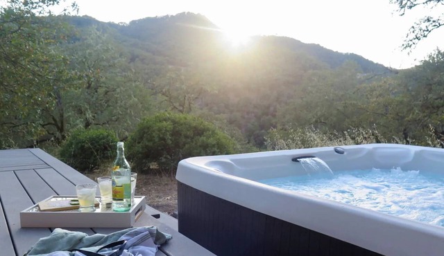 Modern ecochic luxe indoor/outdoor getaway- mountaintop views & hot tub!