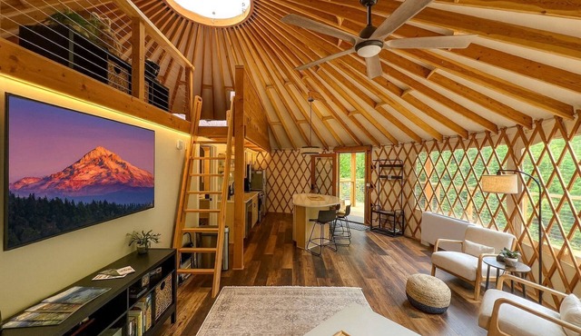 Modern Forest Yurt with Firepit & Skylit Dome near Carson, Washington