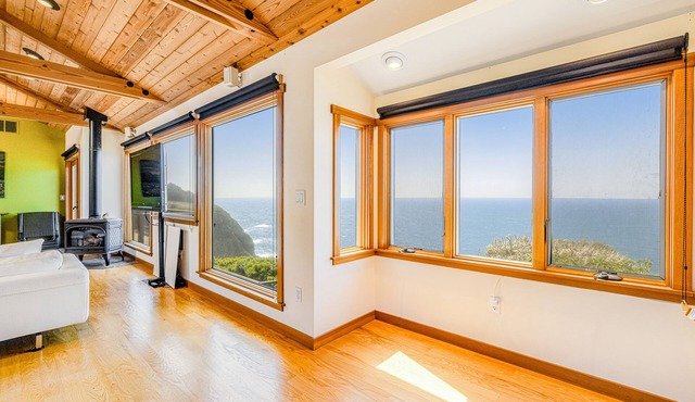 Modern home on bluff over the ocean with private hot tub & three gas fireplaces