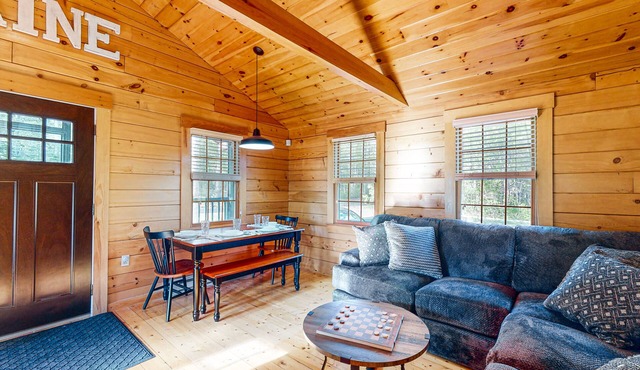 Modern log cabin with patio, grill, and washer/dryer