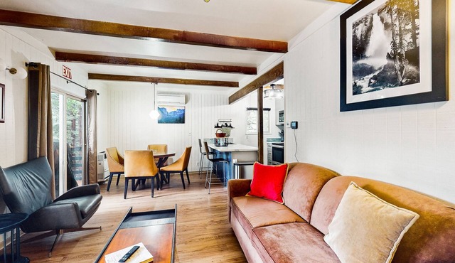 Modern lower unit duplex cabin with fireplace, balcony, & EV charger