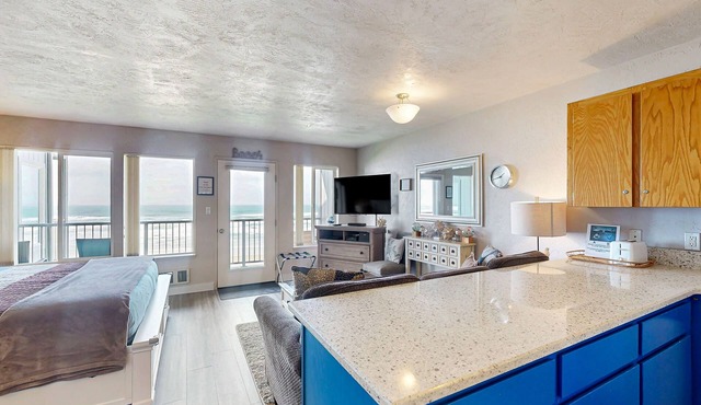 Modern oceanfront studio condo on Nye Beach with seasonal pool
