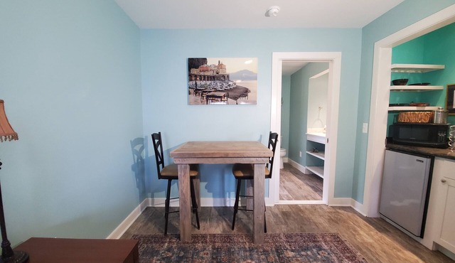 Modern room with walk in shower and kitchenette