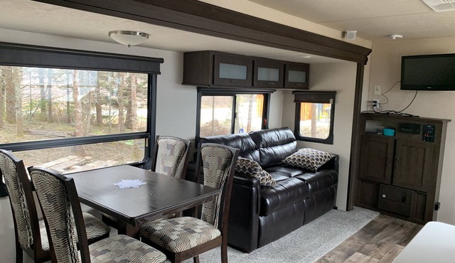 Modern RV camper with all the perks nNestled in tree at lake edge