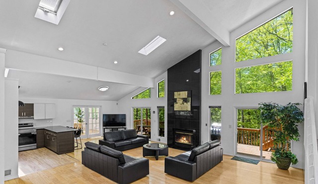 Modern Stream-front property with hot tub.