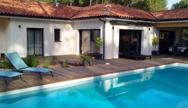 Modern villa with pool near the ocean and forest edge