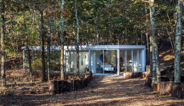 Modernist Glass House nestled in tall pines and nature offering total privacy