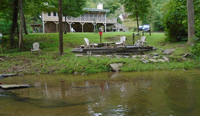 Mountain Resort Cabin, Private, screened porch overlooking wide peaceful creek.