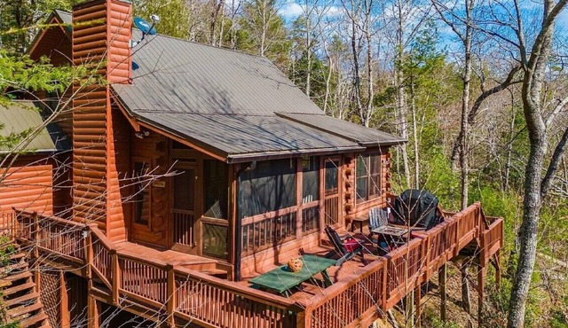 Mountain Vista is pet friendly with a Mountain view, hot tub and fire-pit and a screened porch. WiFi