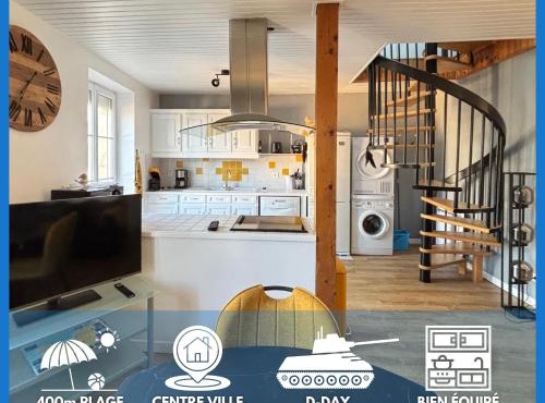 Mulberry duplex bien équipé 2 chambres petite vue sur mer plein centre d'Arromanches à 2 mn de la plage à pied et près de Bayeux au coeur des plages du débarquement