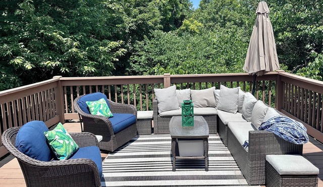 Nestled by the 7th green, large deck areas. Movie theatre for inside or out.