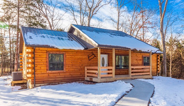 New 3 Bedroom Log Cabin nestled in the woods with one acre fishing lake .