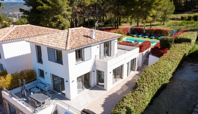 New holiday villa with pool with superb sea and village views