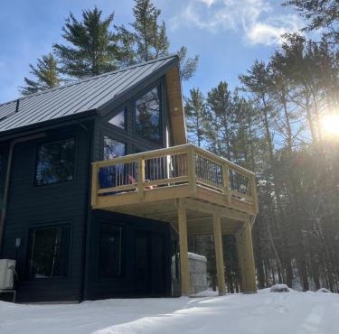 Newly built modern cabin immersed in the pines