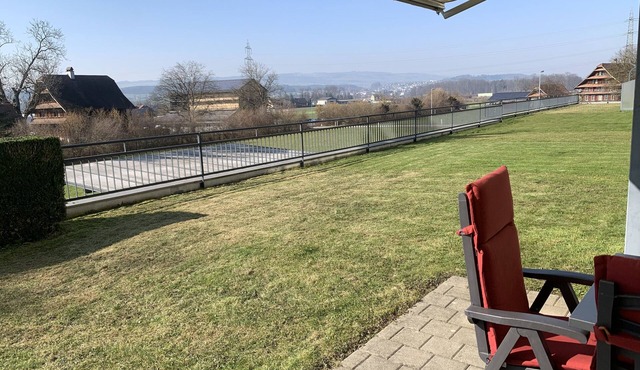 Nice apartment with garden and view on the mountains , farms and hills.