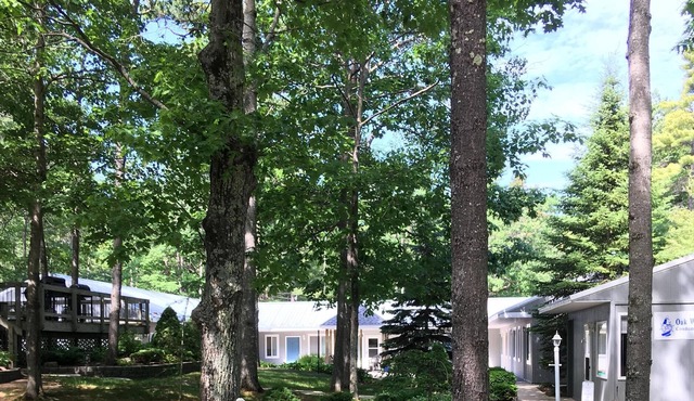 Oak Woods Lodge Unit 7. Quiet setting in the woods, but close to town.
