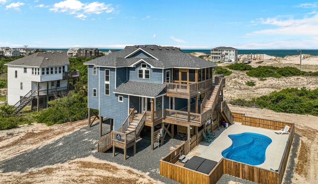 Ocean-view home with private pool, hot tub, beach access, grill, fireplace, deck