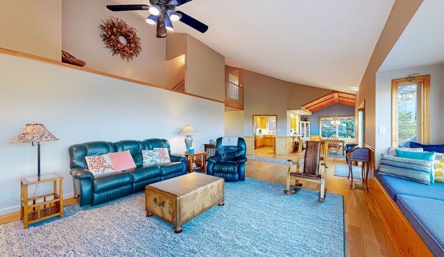 Ocean view home with fireplace, deck, private hot tub & grill