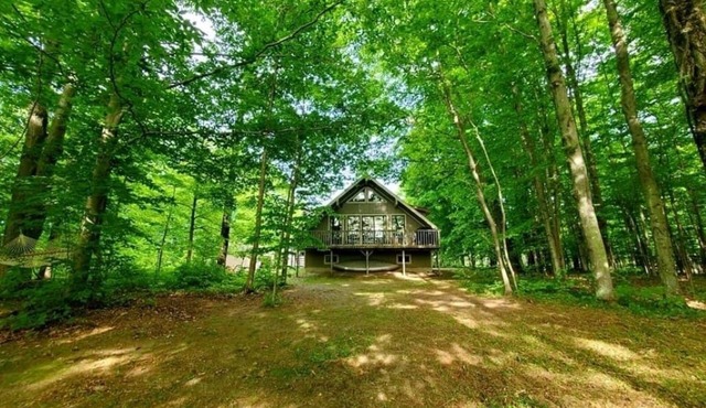 On the Betsie River, fish off dock, close to Crystal Mountain, trails, lakes!