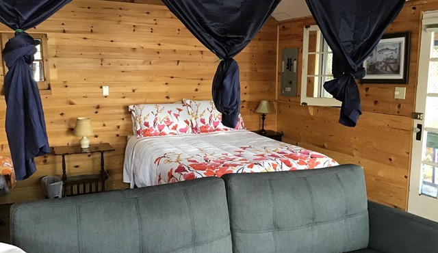 One room cabin, kitchenette, king bed, washroom with shower