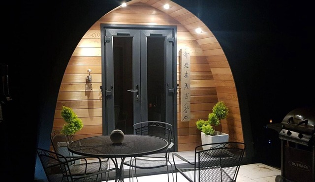 Oriental Garden Pod. Set in our gorgeous garden of bonsai, pagoda and koi pond.