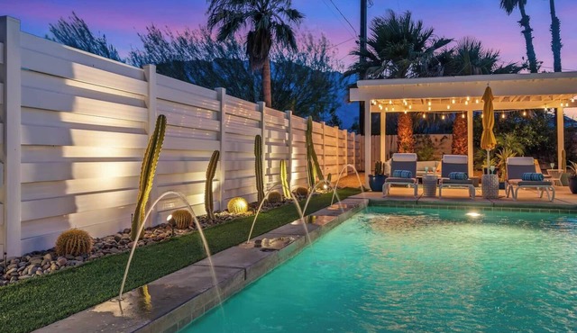 Palm Paradise offers a private 3BR retreat with a saltwater pool, fire pit, BBQ, and mountain views. Just minutes from downtown, this stylish getaway is perfect for families or friends seeking relaxation and Palm Springs charm.