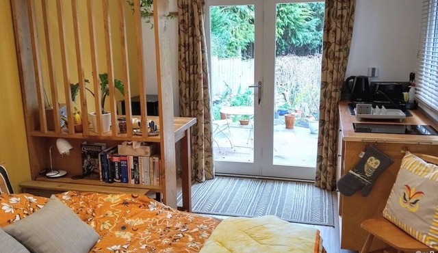 Peaceful separate annexe with bed, kitchen, shower room and patio area.