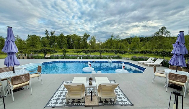 Pool House with Private Creek, Fire Pit, Outdoor Dining + Modern Design