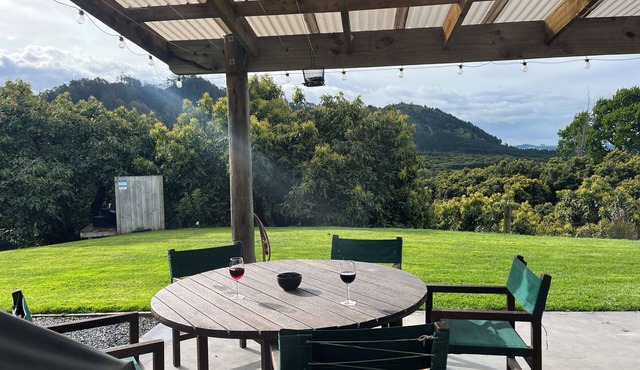 Private Bach in Waihi Beach with stunning orchard views and beyond. Pet-friendly