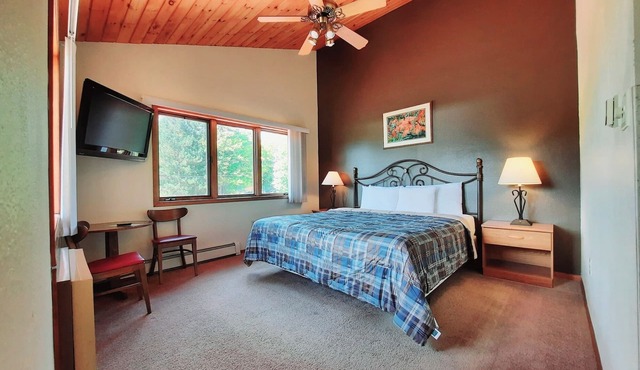 Private couples suite inside the Lodge at North Ironwood Acres resort with knotty-pine vaulted ceiling, one KING bed, sofa and one small bathroom. DOG FRIENDLY!