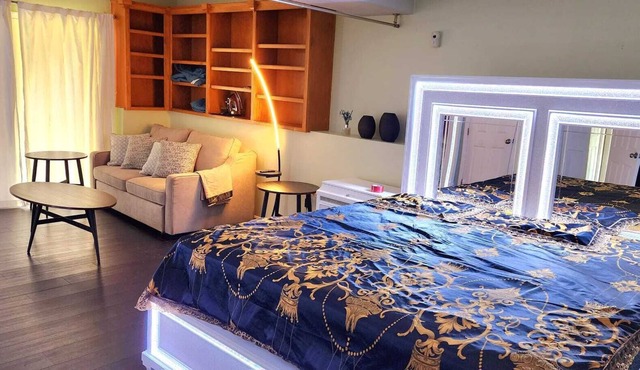 Private cozy room with private bathroom, kitchenette, French doors to the patio.