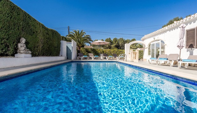 Private detached villa with heated pool, air con, wi-fi, sleeps 8.