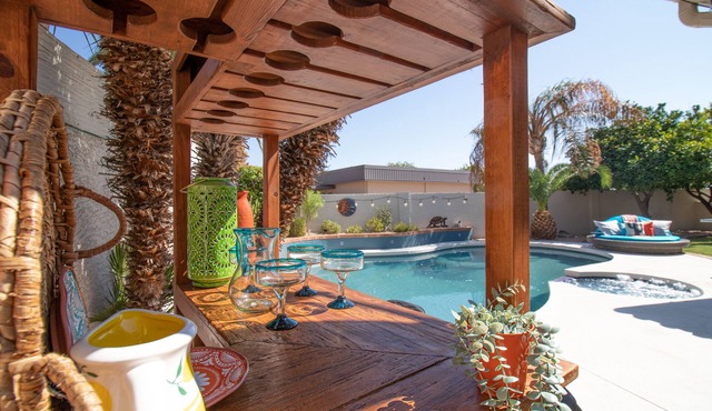 Private oasis, convenient location. Pool, spa. Space to play, work, relax.