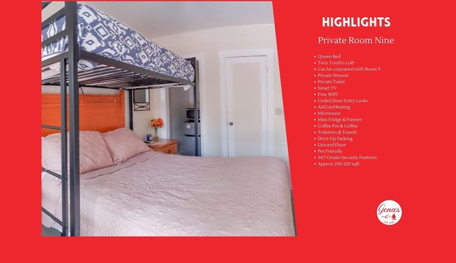 Private Room #9: Queen Bed + Youth Twin Loft Bunk & Priv Bath